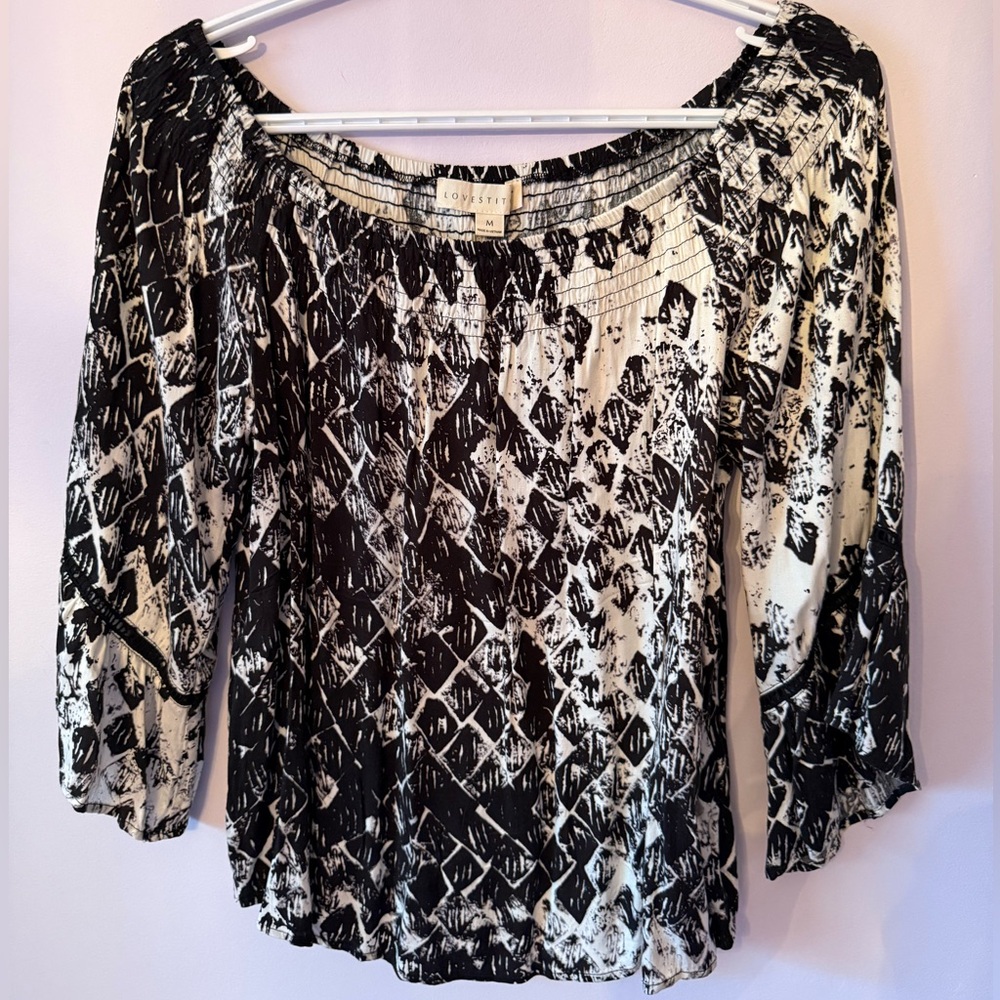 ✨💎 GORGEOUS LOVESTITCH  Black and White crochet detail 3/4 Sleeve Blouse size M